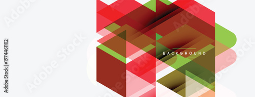 Abstract geometric shapes overlap. Red, green, brown hues dominate design. Minimalist style creates modern visual impact.