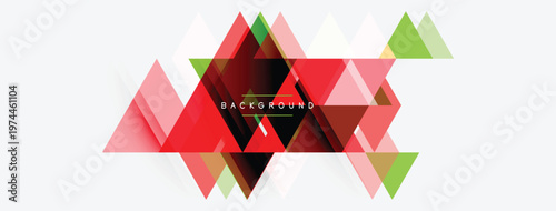 Abstract geometric shapes, triangles overlap. Red, green, pink hues dominate white space. Modern design element for backgrounds.