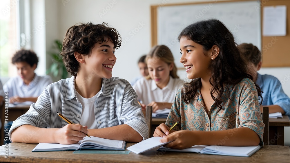 Fototapeta premium Group of Young Students Learning with Female Teacher in Bright Classroom