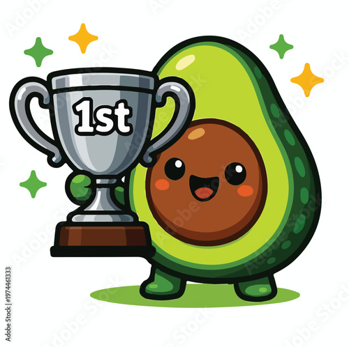Happy cartoon avocado character holding a silver winner trophy and celebrating a first place victory in a fun artistic style