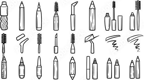 Hand-drawn Black  White Line Art Doodle Icons Set of Makeup and Cosmetic Tools for Beauty Industry. Eyeliner, Mascara, Lipstick, Eyebrow Brushes.