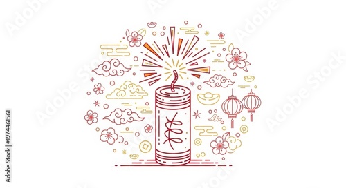 Chinese New Year Firecracker Celebration Outline Illustration.