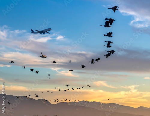 A photograph capturing the sky with a flying airplane and a flock of birds migrating in formation, with mountains below