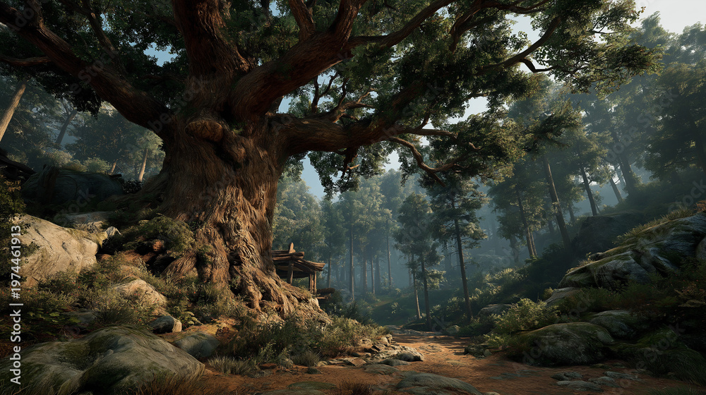 Obraz premium Ancient massive tree with wide canopy epic forest fantasy scene