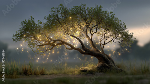 Luminous tree standing alone in field dreamy fantasy nature concept