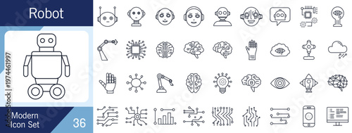 Modern AI Robot and Technology Line Icon Set – Minimal Monoline Artificial Intelligence, Robotics and Digital Innovation Symbols Collection.