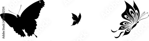 A striking blue wave butterfly in a dynamic side angle showcases bold solid black wings with perfect crisp contours against a pure white background, rendered in minimalist flat vector art with