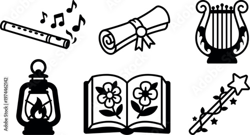 Magical wand lantern open book flute and lyre icons