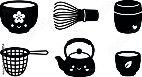 Cute black and white tea set with kettle whisk cup and strainer vector art