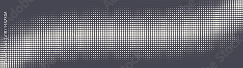 Big dots grid halftone pattern smooth curved border ultra wide 32:9 aspect ratio vector graphite grey abstract background. Half tone textured panoramic ultrawide format retro futuristic design element