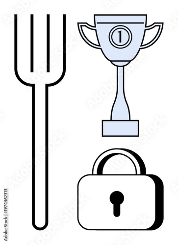 Achievement concept. Achievement ed by a trophy paired with a security padlock and a fork symbol. Achievement in goals, data safety, and basic needs. Suitable for success visuals, personal growth