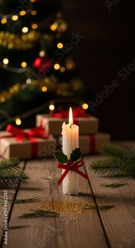 Christmas candle with festive decorations and gifts on a rustic wooden table.
