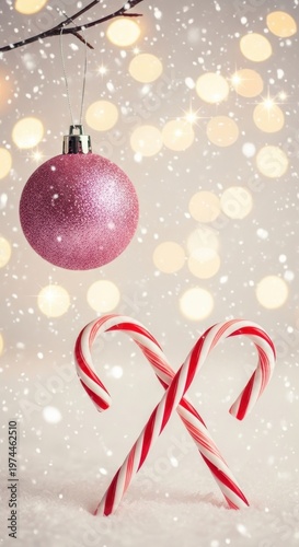 Christmas Candy Canes and Ornament with Bokeh Lights and Snow.
