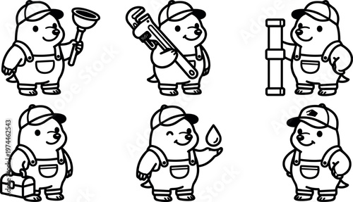Black and white plumber bear holding wrench plunger toolbox water drop and pipe vector art