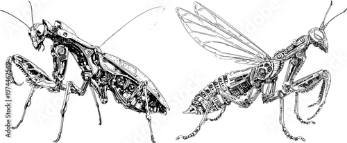 A meticulously detailed biomechanical mantis hybrid, featuring sharp black ink outlines against a solid white background, exudes an intricate monochrome coloring book style with clear boundaries in a
