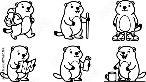 Black and white line art hiking beavers in boots holding map water and cup
