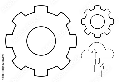 Cloud computing. Large gear and cloud outline connected with smaller gear. Cloud computing enhances workflow automation, process integration, and digital transformation. For IT, innovation, software