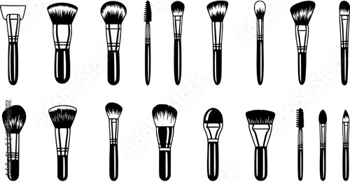 Black and White Line Art Vector Set of Makeup Brushes for Beauty Industry