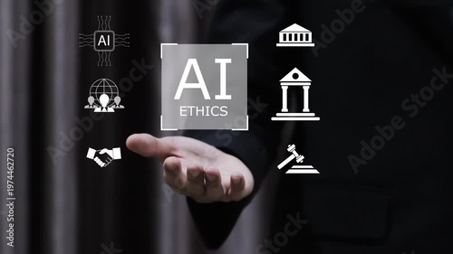 Businessman showing AI Ethics hologram with legal and social icons. Concept of responsible artificial intelligence, digital moral standards, governance, and technology regulations in business.