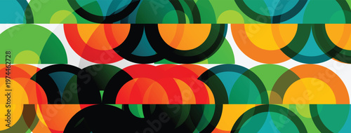 Abstract pattern features overlapping colorful circles. Green, orange, red, blue hues create dynamic visual texture. Simple geometric shapes dominate composition.