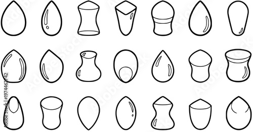 Black and White Line Art Collection of Various Makeup Sponges and Cosmetic Applicator Shapes