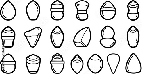 Beauty and Makeup Sponges Line Art Icons Set. Collection of Outline Glyphs for Cosmetic Blenders and Applicators in Black and White Vector.
