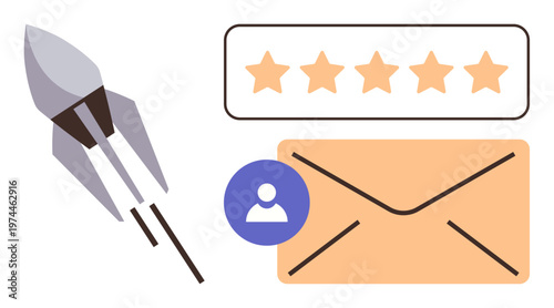 Business growth, customer feedback, email communication, digital marketing, user experience, success strategy. A rocket, stars and envelope with a user icon. Business growth and customer feedback