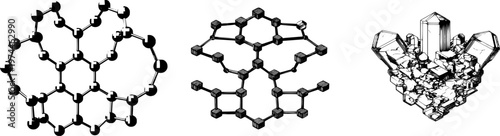A detailed crystal structure of a semiconductor material is depicted in symmetrical line art with crisp black contours against a pristine white background