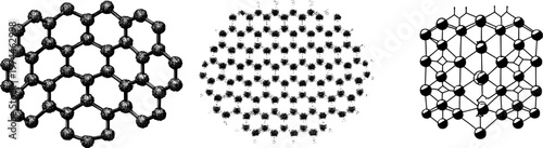 A meticulously detailed crystal lattice of graphite features a symmetrical line art representation with precise black shapes against a pristine white background, showcasing the layered structures