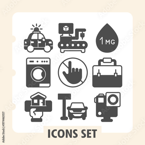 Set of nine modern glyph icons depicting police, household, lifestyle, home utilities and transportation concepts. Ideal for web design, presentations and print on white background.