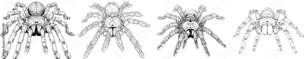 Obraz premium A meticulously detailed tarantula illustration showcases its massive legs, sharp black ink outline against a solid white background in monochrome coloring book style with clear boundaries and