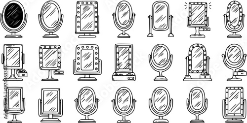 Beauty  Home Decor Mirrors Hand-Drawn Doodle Line Art Collection. Sketch vector illustration set of vanity, dressing, and tabletop mirrors for personal care.