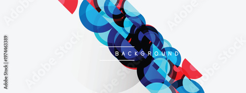 Abstract shapes overlap, creating dynamic visual effect. Blue, red hues dominate white background. Modern design element.