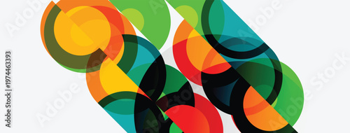 Abstract composition features overlapping colorful circles, creating dynamic visual effect. Bright hues blend, forming modern design.