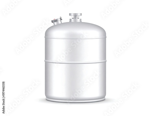 A photorealistic, cylindrical container with a rounded top and a red and silver valve. It is a clean design with metallic sheen