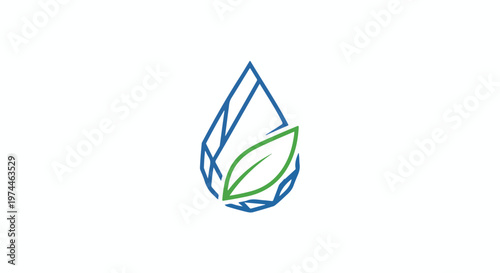 Abstract geometric water drop icon with a green leaf symbol representing eco-friendly hydration and purity