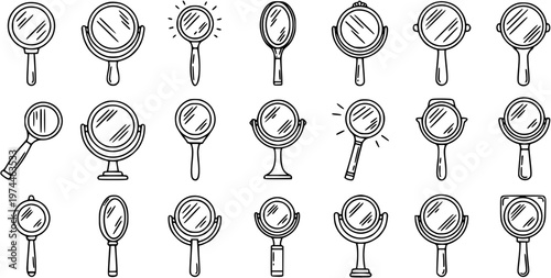 Black  White Line Art Icons Set of Beauty, Personal Care, and Optics Tools: Hand Mirrors, Desk Mirrors, and Magnifying Glasses Collection