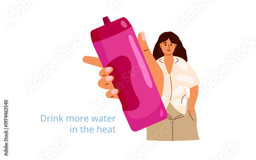 Drink more water in hot weather. Girl in light summer clothes smiles and offers water bottle. Flat vector illustration for hydration campaigns, summer heat awareness, healthy lifestyle content
