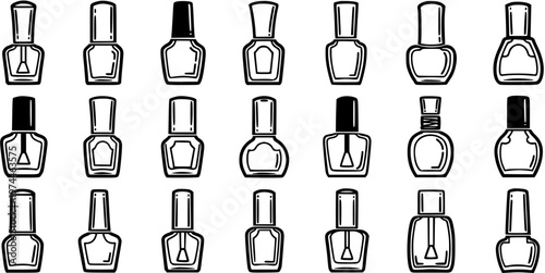 Beauty and Cosmetics Black  White Line Art Collection of Nail Polish Bottles and Lacquer Icons. Outline Glyph Set for Manicure, Pedicure, and Glamour.