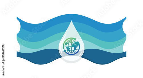 Water conservation concept with a recycling globe symbol inside a water droplet against a blue wave background