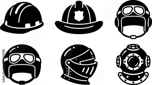 Six different protective helmets and headgear