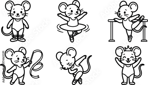 Black and white line art cute mice cartoon ballet dancing poses