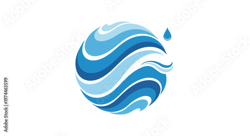 Abstract blue waves forming a sphere with a single water drop falling, representing global water conservation and purity