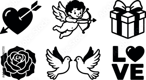 Black and white love symbols including heart with arrow cupid gift rose doves and love text vector art