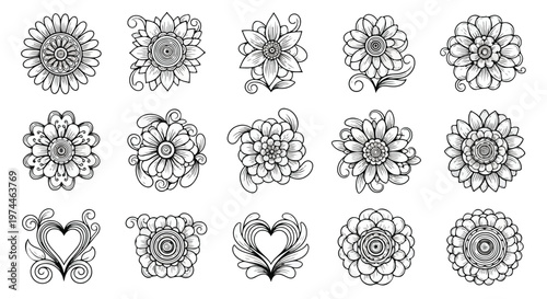 Collection of decorative floral and heart shaped henna tattoo inspired design elements for body art and decoration