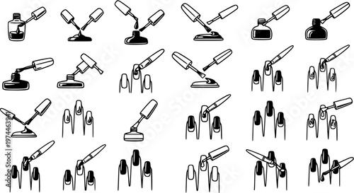 Beauty and Nail Care Industry Black  White Line Art Icons: Nail Polish Bottles, Manicure Brushes  Hands. Flat Vector Glyphs Set.