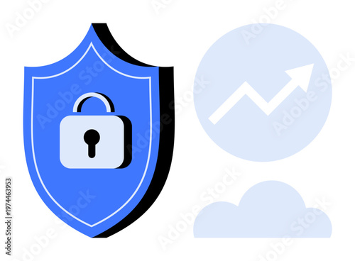 Data protection, online security, cloud computing, growth analytics, internet safety, encryption. A blue shield with a padlock, growth arrow and cloud icon. Cybersecurity and data protection idea