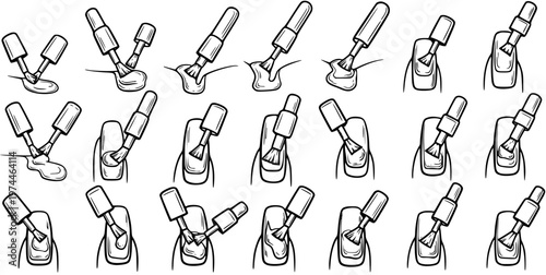 Beauty  Personal Care: Nail Polish Application Outline Vector Set. Black and White Line Art Manicure Steps How-To Tutorial Illustration.