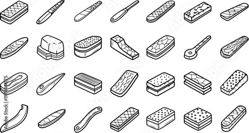 Black and White Line Art Icons of Various Foot Care Tools and Grinders