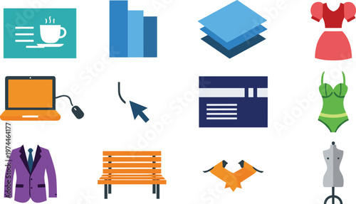 Colorful illustration of twelve diverse icons including coffee cup, bar chart, clothing, laptop, credit card, birds, and mannequin symbolizing fashion, technology, lifestyle, and business desig